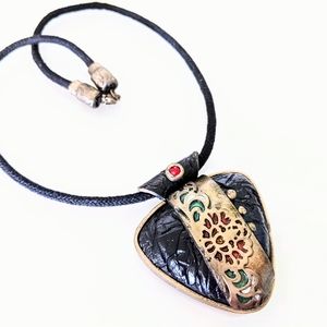 Handmade black necklace pendant with flowers